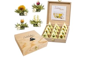 Creano Blooming Tea - Teelini Flowers in Cup Size - Gift Set in Wooden Box - 12 Pcs in 4 Varieties - White Tea