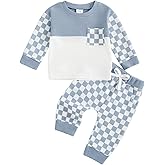 allshope Toddler Baby Boy Fall Outfit Checkerboard Patchwork Long Sleeve Sweatshirt Elastic Waist Pants Newborn Clothes Set