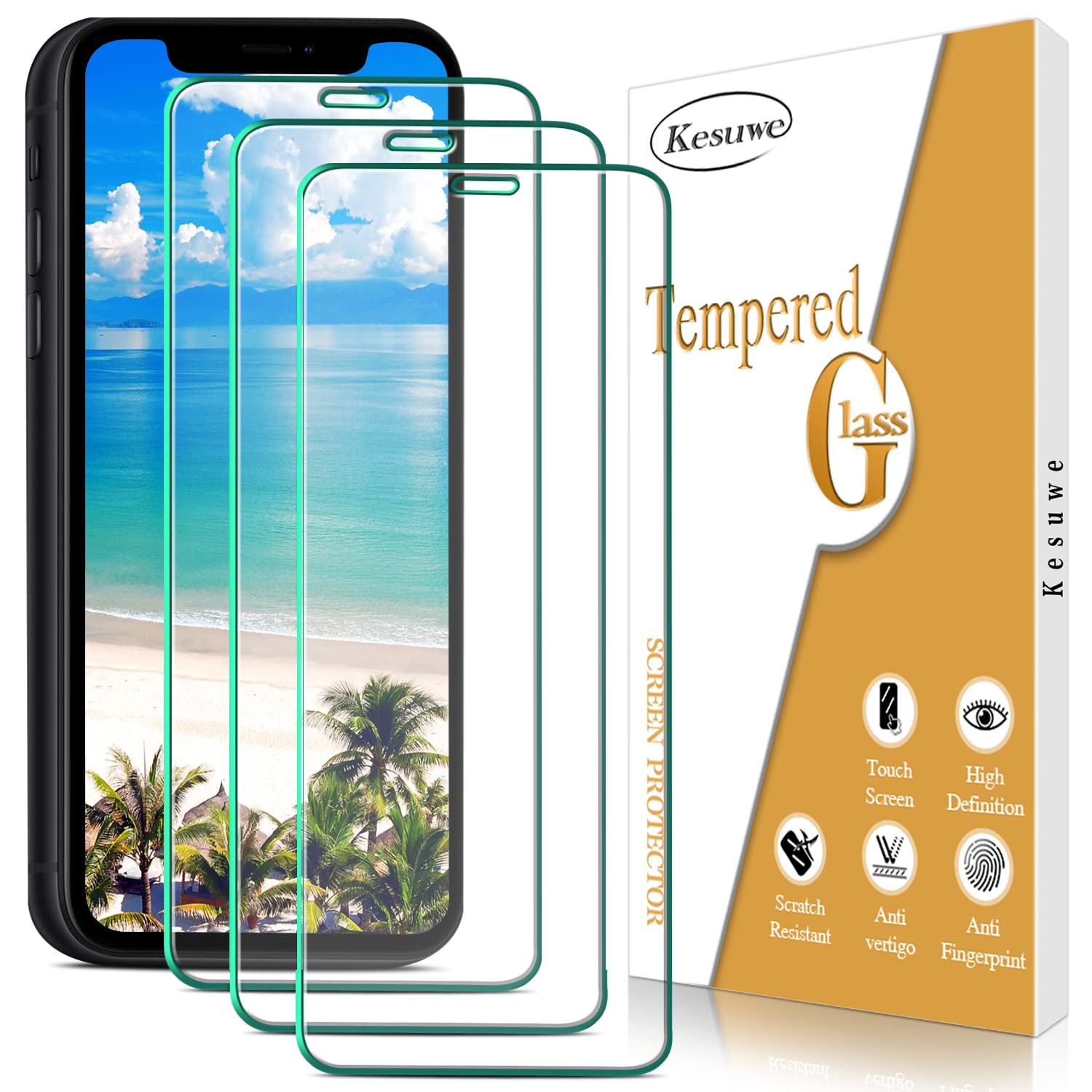 Kesuwe [3 Pack] Screen Protector for iPhone 11, iPhone XR, 9H Hardness Tempered Glass, Anti Scratch, Ultra Resistant, Ultra Transparent, Bubble Free, Case Friendly — image 1