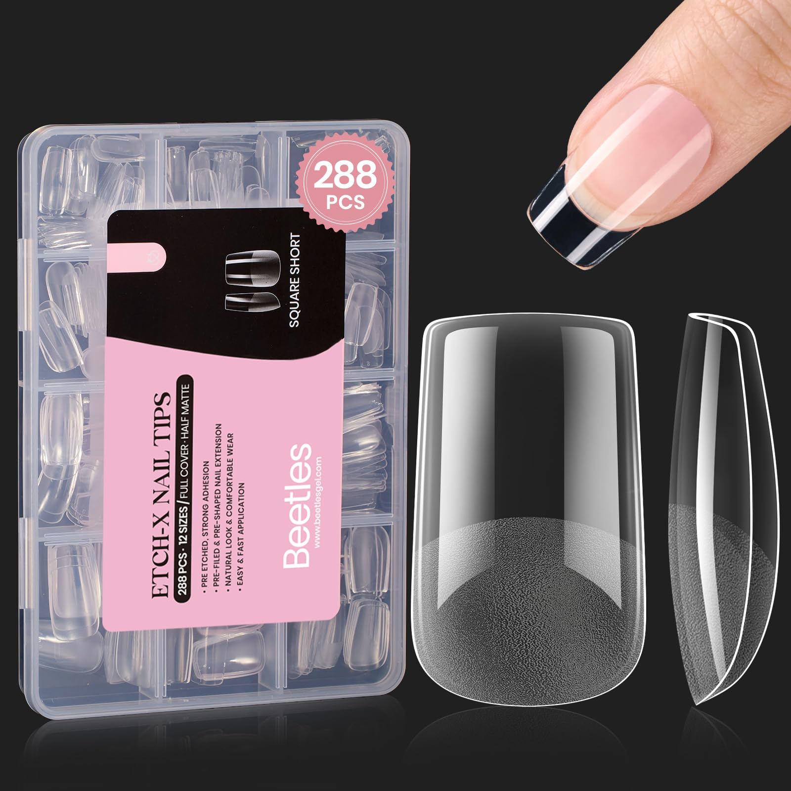 Photo 1 of Beetles Short Square Gel Nail Tips 12 Sizes 288 PCS Half Matte Full Cover False Nails Clear Acrylic Nails Glue on Nails for Girls Women DIY Nail Extension