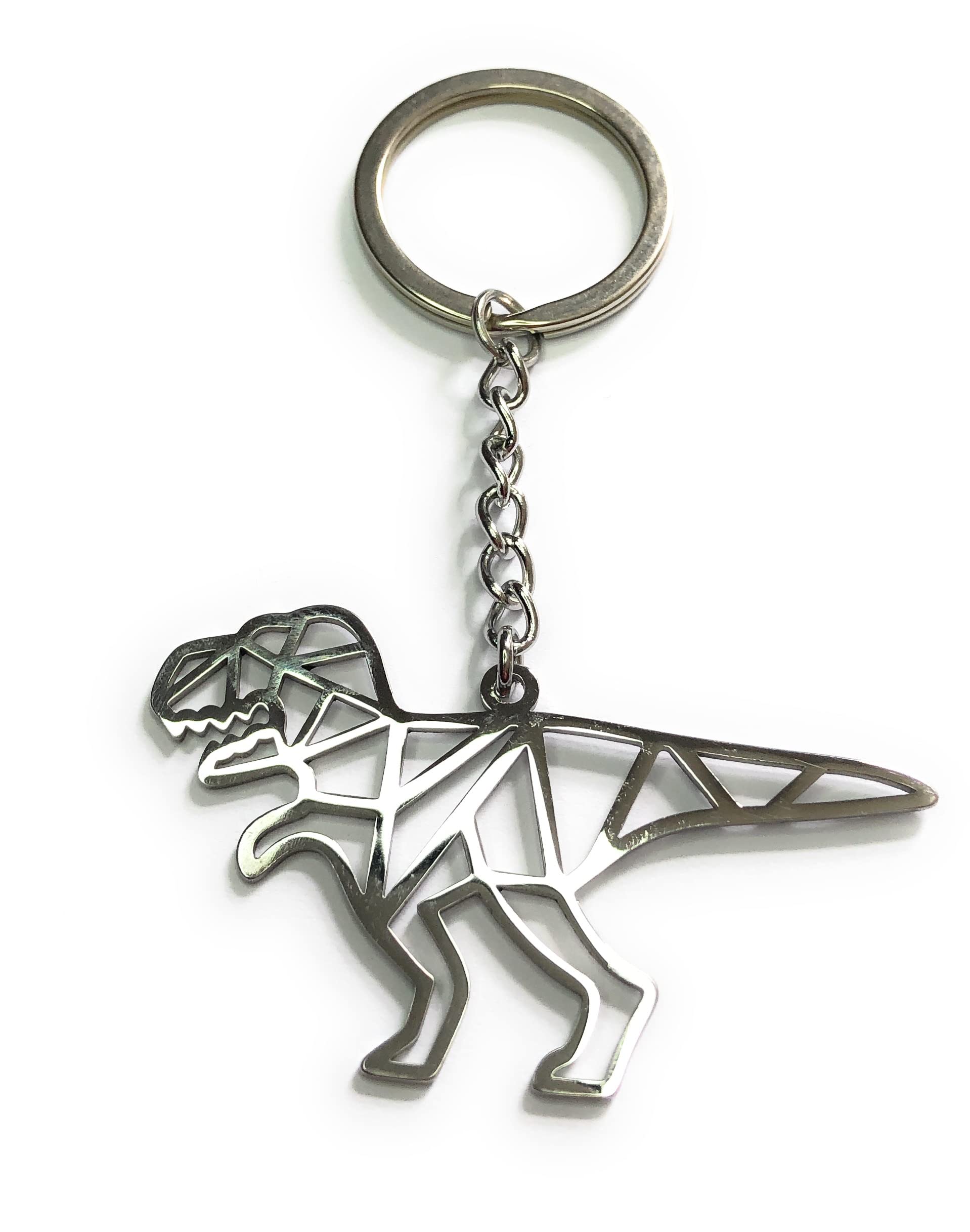 FizzyButton Gifts T Rex Dinosaur Keyring Key Ring with Origami Style Stainless Steel Charm