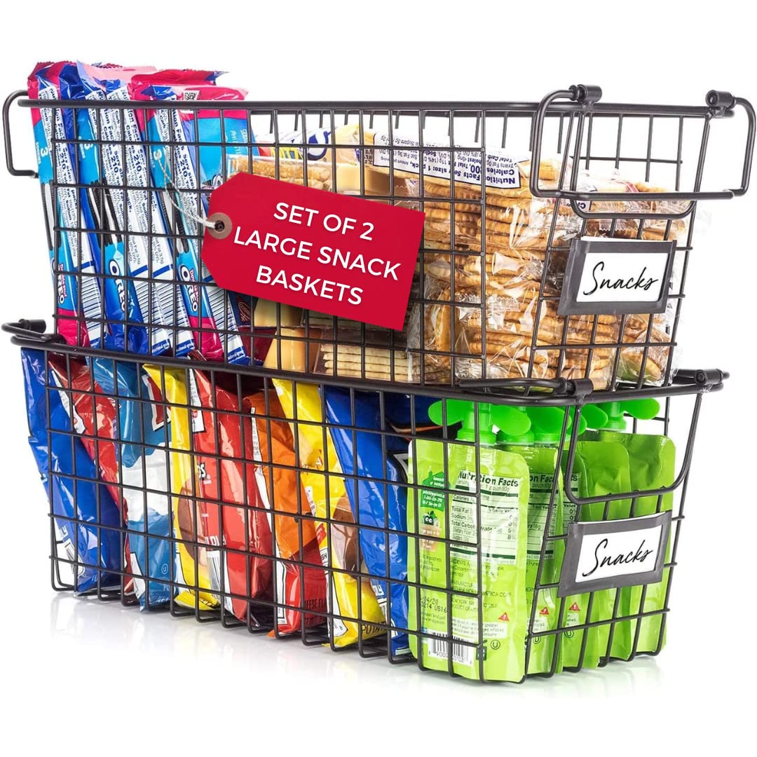 Photo 1 of Granrosi Stackable Large Wire Baskets for Organizing — Set of 2 Snack & Chips Organizer for Pantry; Wire Storage Baskets with Handles; Large Bronze Chip Storage for Pantry DAMAGED PKG