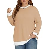 VISLILY Womens-Plus-Size-Tops Trendy Color Block Long Sleeve T Shirts Casual Loose Tunics Cute Knit Crewneck Blouses XL-5XL