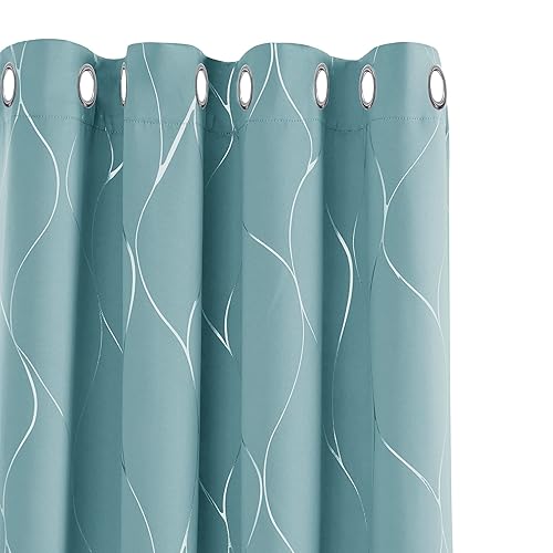 Deconovo, Set of 2 Blackout Curtains with Eyelets, Silver Design, Insulated, for Adult Bedroom, 132 x 160 cm, Sky Blue