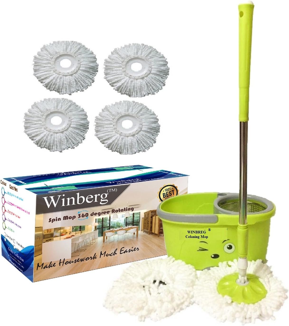 Winberg ® Bucket Mop Stainless Steel Dryer 360° Rotating Pole & Magic Mop Combo Pack with 6 Refill CMB04