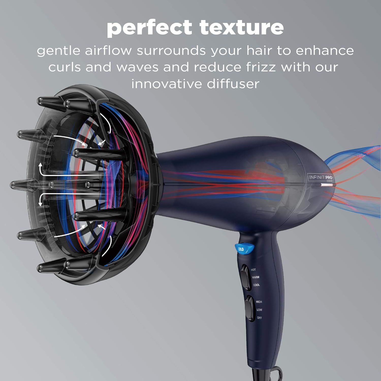 INFINITIPRO BY CONAIR 1875 Watt Texture Styling Hair Dryer for Natural Curls and Waves, Dark Blue, 1 Count: Beauty