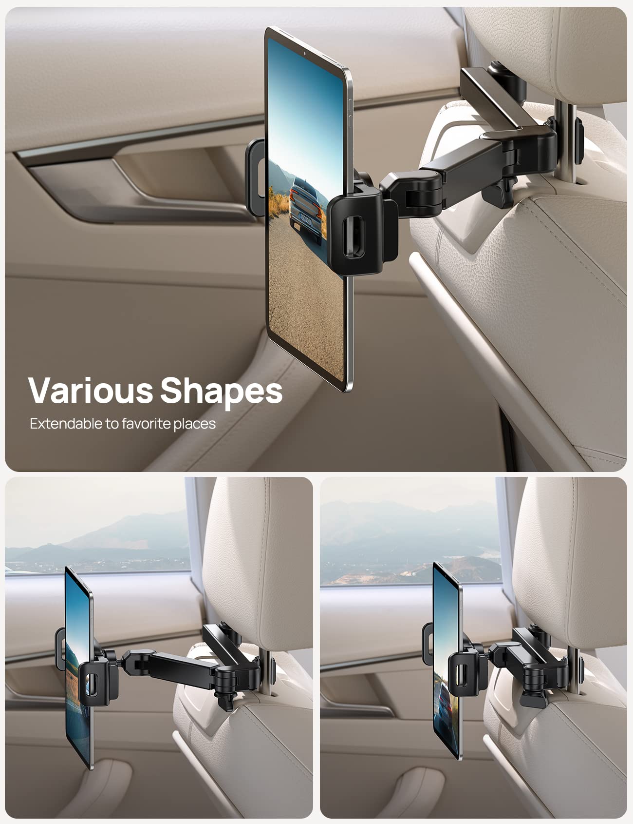 iPad Holder Car Headrest - [Stretchable Arm] 2025 Adjustable Tablet Mount for Car Backseat, Travel Road Trip Essentials for Kids, for iPad Pro, Air, Mini, Samsung Tab, 4.7-11” Device - Black