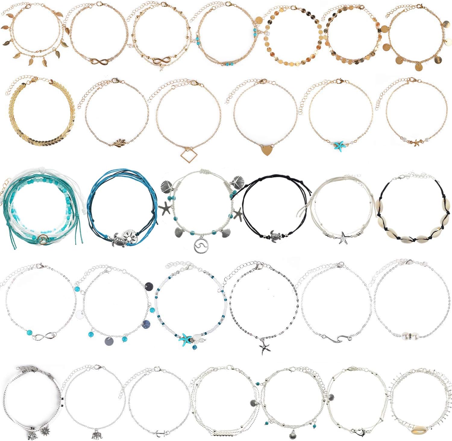 Isbasa 32pcs Ankle Chains Adjustable Beach Anklet Bracelets Barefoot Chain Boho Foot Jewelry Set for Women Girls
