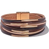 Gold Tube Leather Wrap Bracelets Boho Chunky Stackable Layered Western Cuff | Stacked Bohemian Cool Magnetic Clasp Bangles Statement Cowgirl Hippie Country Festival Accessories for Women Trendy