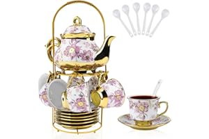 20 Pcs Porcelain Tea Set with Metal Holder, European Ceramic Tea Sets for Adults, Adult Tea Set Gift, Flower Tea Cup Saucer S