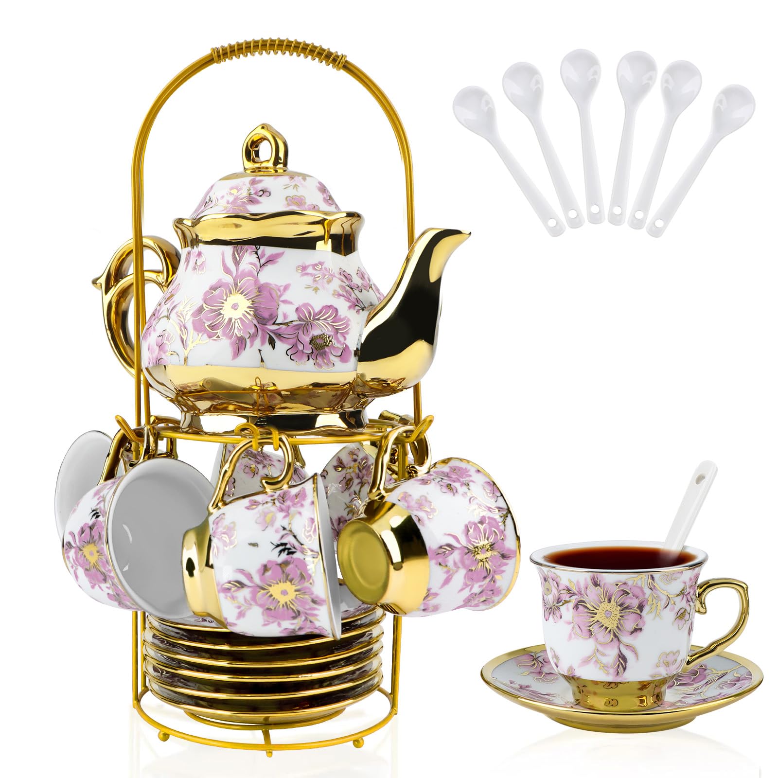Photo 1 of Hebaogugu 20 Pcs Porcelain Tea Set with Metal Holder, European Ceramic Tea Set for Adults, Adult Tea Set Gift, Flower Tea Cup Saucer Set for Party With Gold Flower Painting (Elegant Purple/500ml)