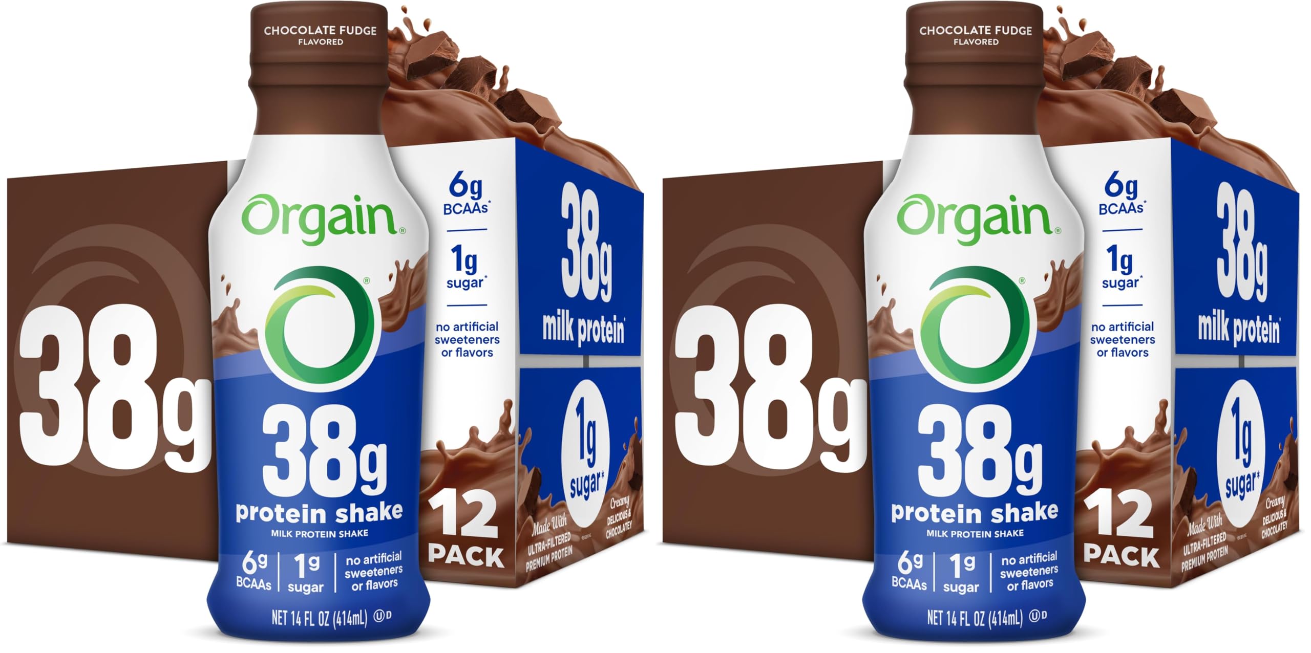 Orgain 38g High Protein Shake, Dairy Isolate Protein Milk, Chocolate Fudge, 6g BCAAs, 1g Sugar Per Serving, Meal Replacement, Ready to Drink, Keto Friendly, Gluten-Free 14 Fl Oz, (Pack of 24) Image