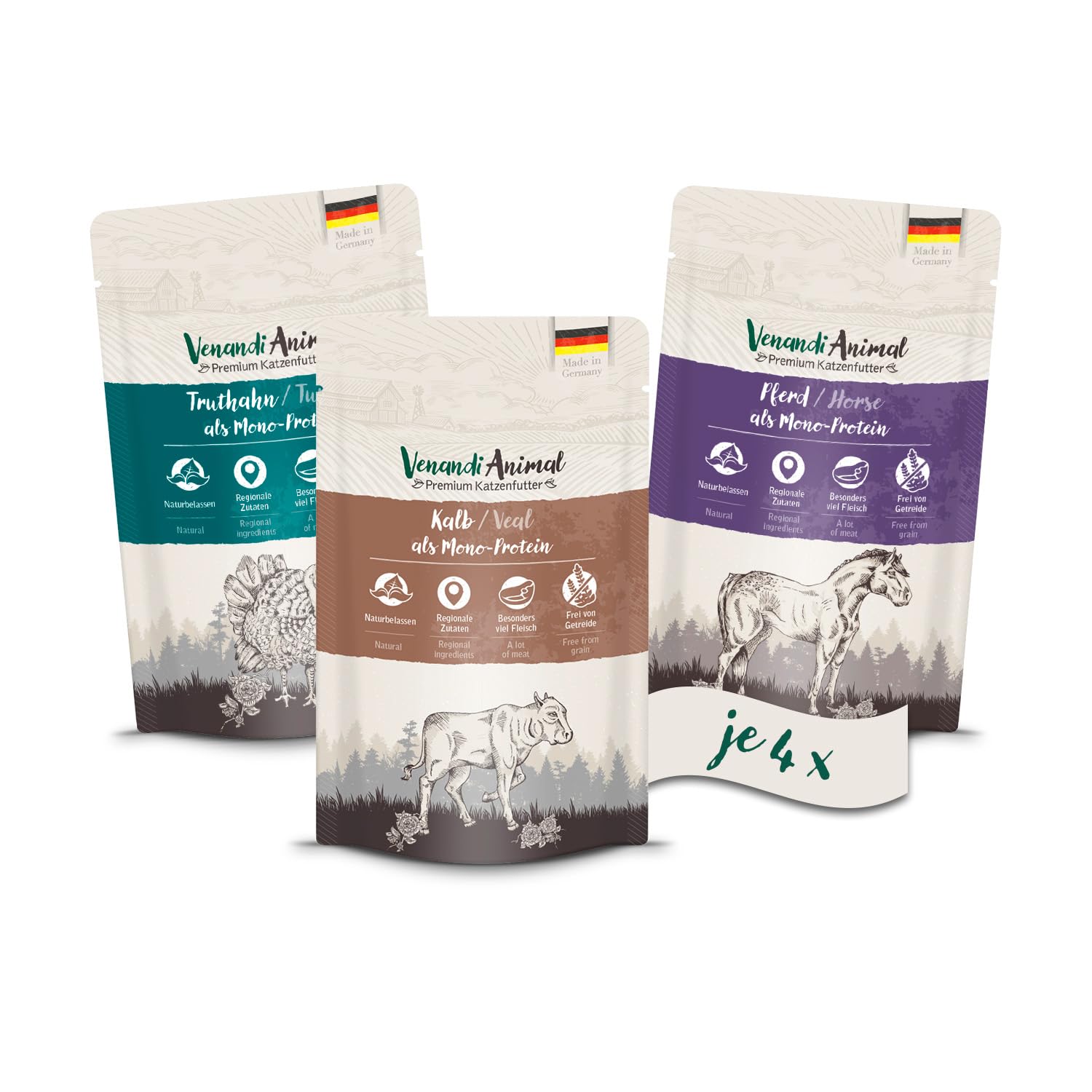 Venandi Animal Premium Wet Cat Food, Tasting Pack II, Horse, Veal, Turkey, 12 x 125 g (Pack of 12), Grain-Free and Natural