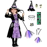 Witch Costume for Girls Kids Halloween Costumes Purple Witch Dress with Broom Hat Face Stickers