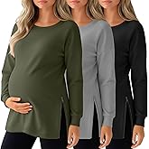 Sweetyweee 3 Pack Women's Maternity Shirts Long Sleeve T-Shirts Cotton Zipper Split Side Tops Casual Loose Pregnancy Clothes