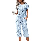 Ekouaer Capri Pajamas Set Women's Ruffle Sleeve Top and Capri Pants Soft Sleepwear Loungewear with Pockets