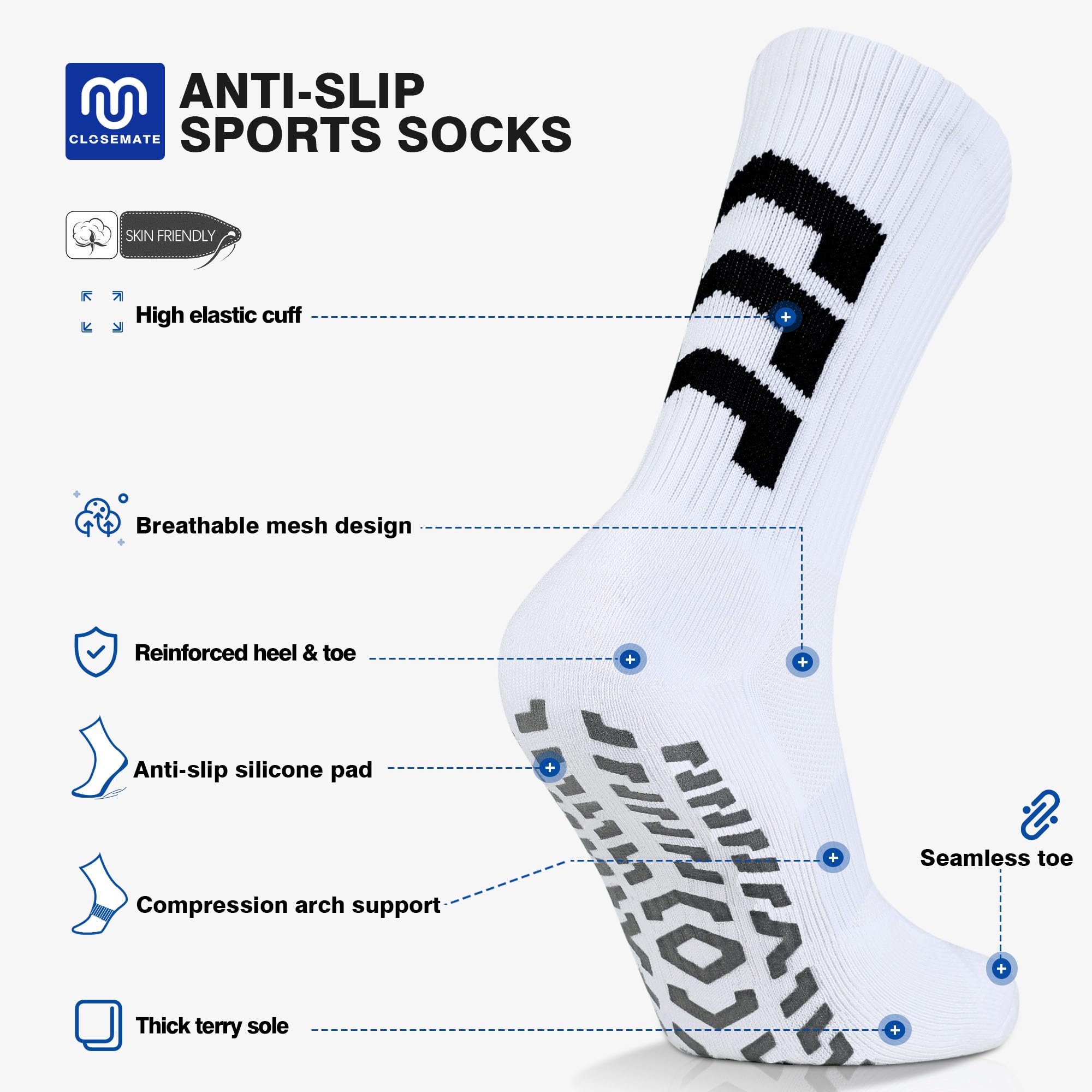 CLOSEMATE 3 Paar Aniti-Rutsch Fußballsocken für Herren Grip Football Socks Sportsocken Rutschfeste Sneakersocken für Basketball Laufen Tennis Pilates Yoga 43-46 Weiß L 3
