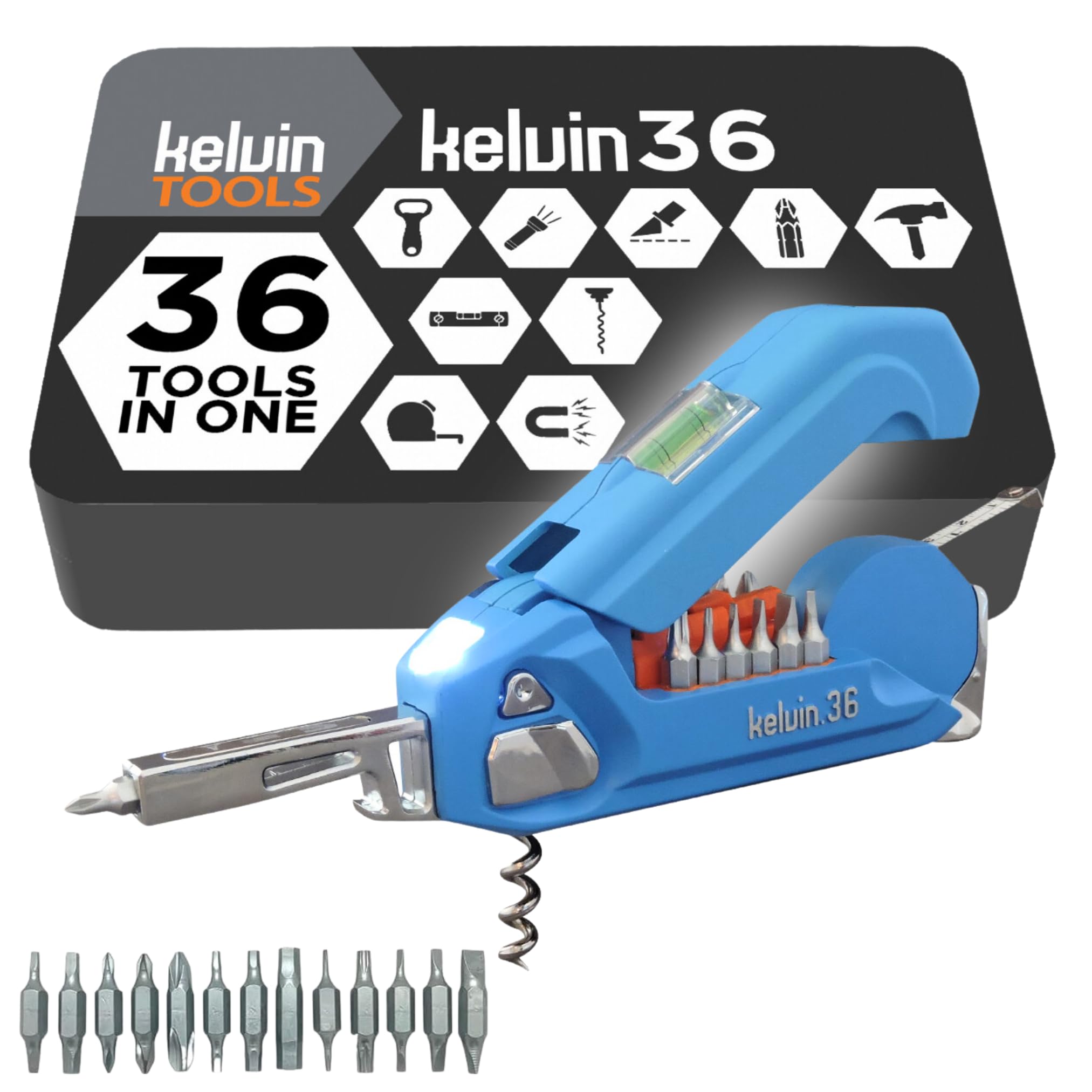 Kelvin Tools - Kelvin 36 Urban Multi Tool Screwdriver Set - All in One Hand Tool with 26 Interchangeable Bits, Tape Measure, Liquid Level, Hammer, Flashlight, Corkscrew and Magnetic Tip