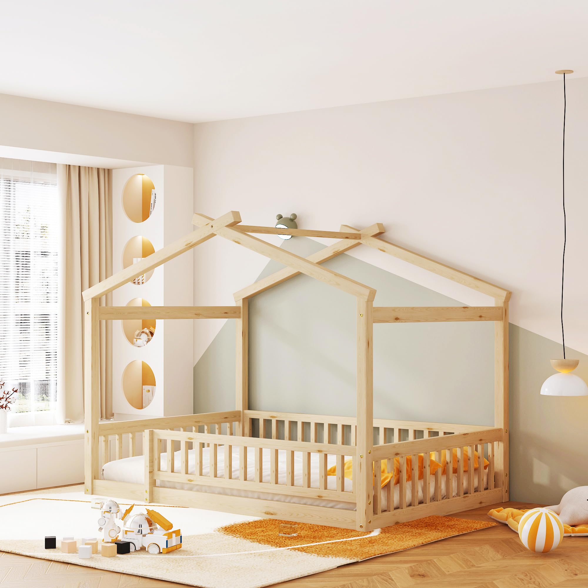 Photo 1 of ***INCOMPLETE - MISSING INSTRUCTIONS AND HARDWARE - SEE PICTURES***
Bellemave Full Size House Bed Frame, House Beds for Kids, Montessori Floor Bed with Fence, Playhouse for Kids, Natural