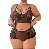 MakeMeChic Women's Plus Size Lingerie Sets Contrast Lace Cut Out Wireless Bra and Panty Set