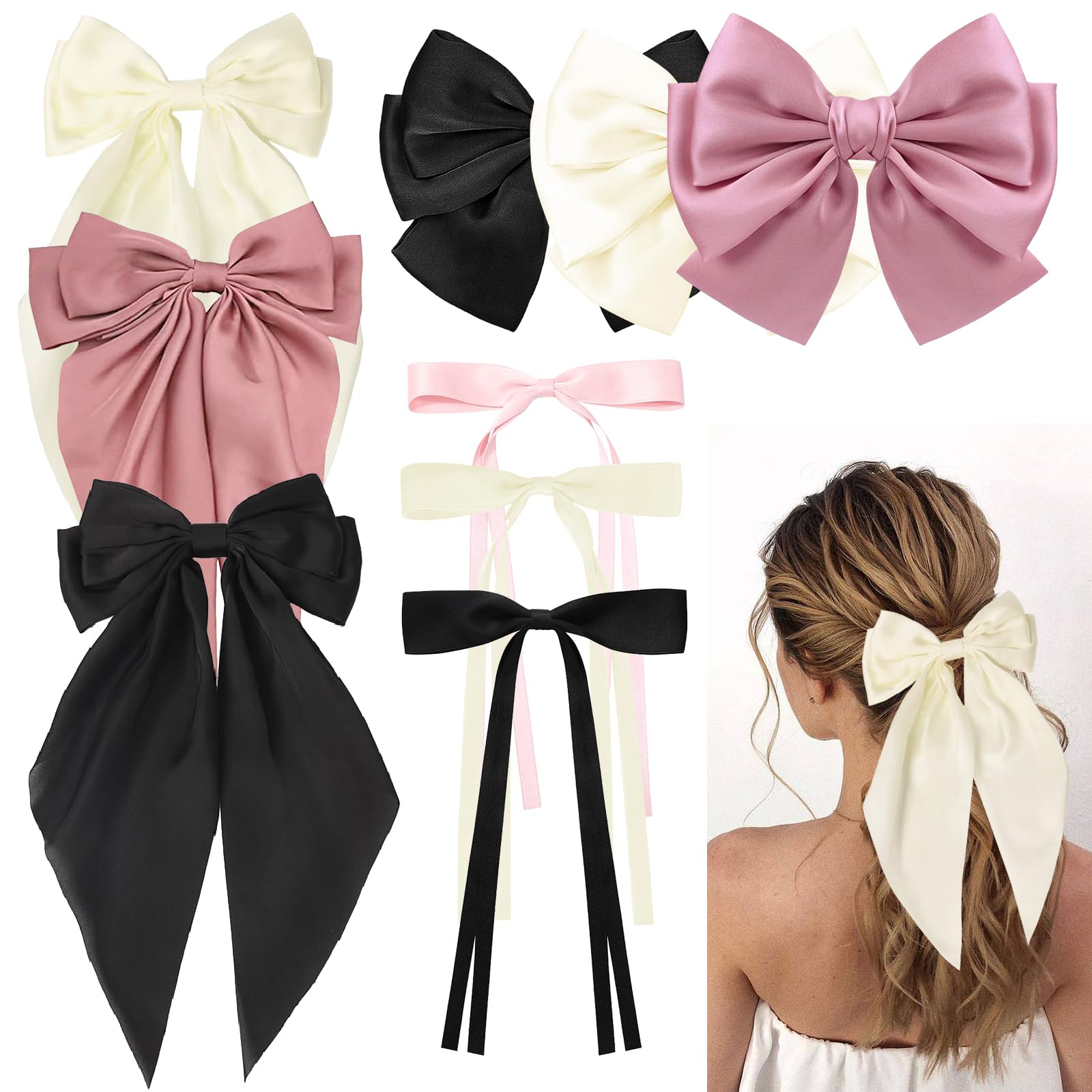 Asaisimg 9 Pcs Women's Clip Set - Soft Satin Silky Big Bows for Thick Hair in Black, Pink, White