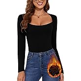 Women's Deep V Neck Wrap Tops Thermal Long Sleeve Shirts Sexy Fitted Tops Winter Fleece Lined Tunic Tops Warm Ruched Top