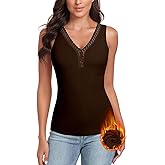 WOWENY Sleeveless Thermal Fleece Tank Top for Women V Neck Lace Camisole Warm Base Layer Cami Vest Underwear Tops