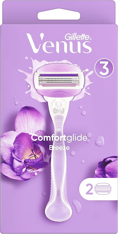 Aparador de remoção de pêlos feminino gillette venus comfortglide breeze + 2 lâminas de reposição, 3 recargas venus para remoção de pêlos suave, rente e duradoura (a embalagem pode variar)