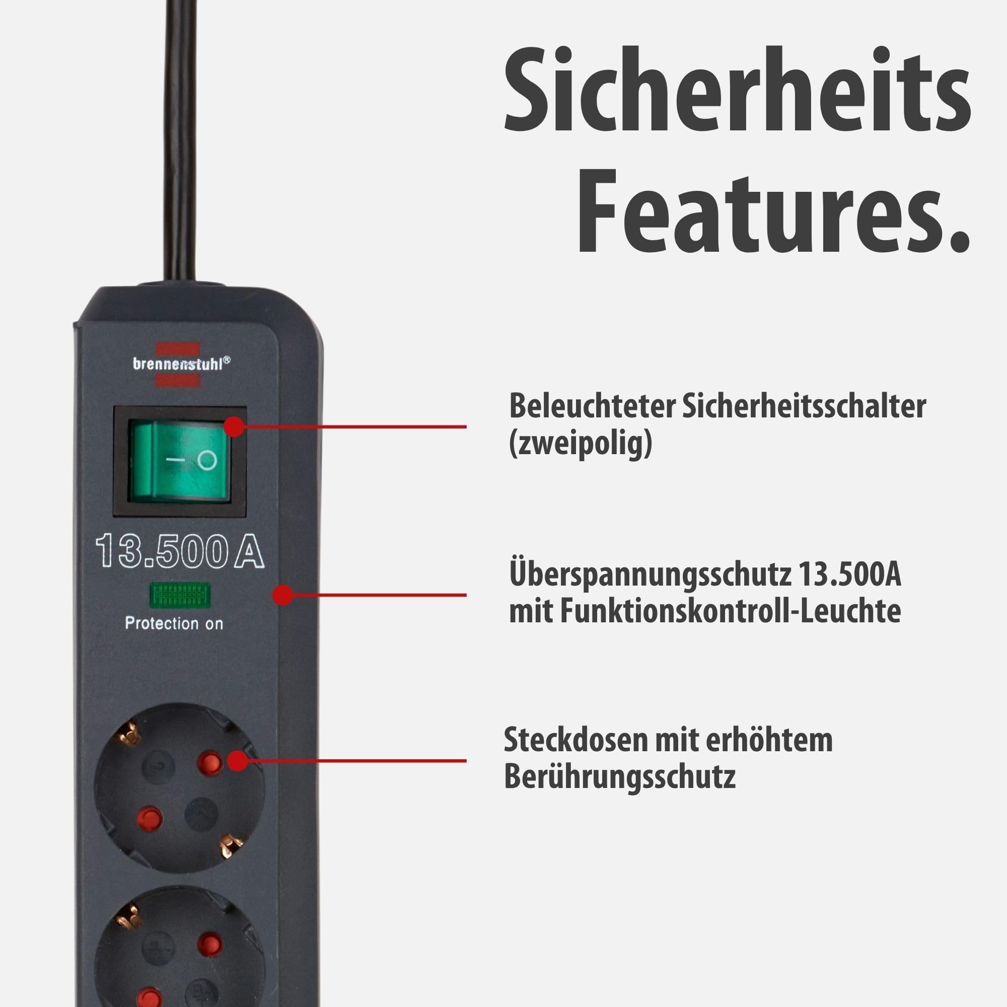 Brennenstuhl Eco-Line Steckdosenleiste 6-Fach mit Überspannungsschutz (Mehrfachsteckdose mit Schalter, 1,5m Kabel und erhöhtem Berührungsschutz) anthrazit 3