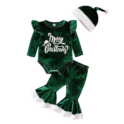 Kunyeah 3PCS Baby Girl Christmas Outfits My 1st Christmas Clothes Infant Velvet Romper Tops+Bell Bottoms Pants +Xmas Hat (Green, 12-18 Months)