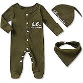 ZOELNIC Newborn Infant Baby Boy Coming Homing Clothes Letter Print Button Knit Footed Romper Jumpsuit Hat Bibs 3pcs Outfit