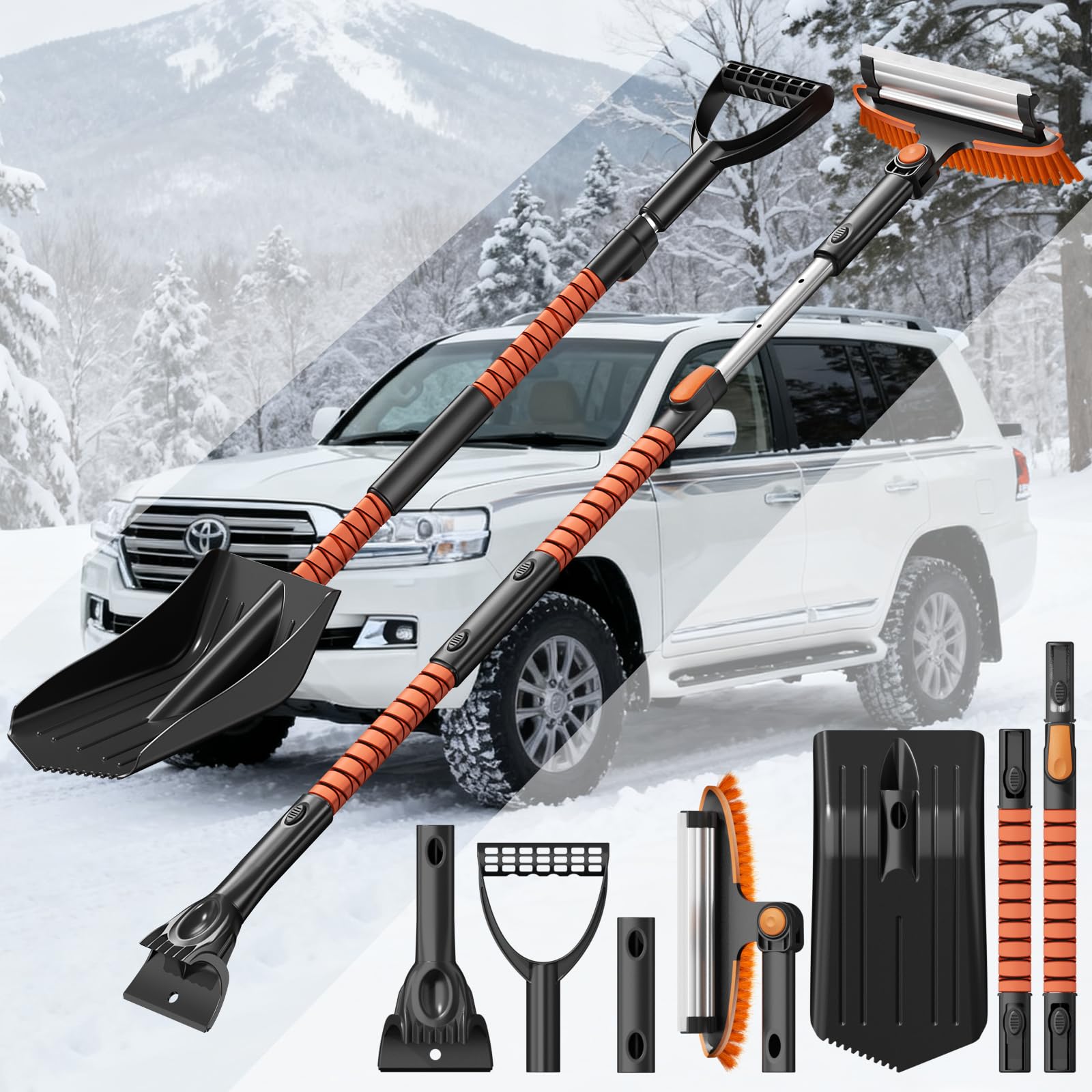 Photo 1 of 4-In-1 Snow Brush and Ice Scrapers for Car Windshield 55'' Extendable Snow Shovel Snow Broom Kit with Squeegee, Foam Grip 180°Pivoting Thicken Brush Head Portable Snow Scraper for Car, Trucks, SUV