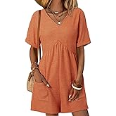 AlvaQ Rompers for Women Solid Color Casual Short Sleeve V Neck Zipper Short Jumpsuits with Pockets