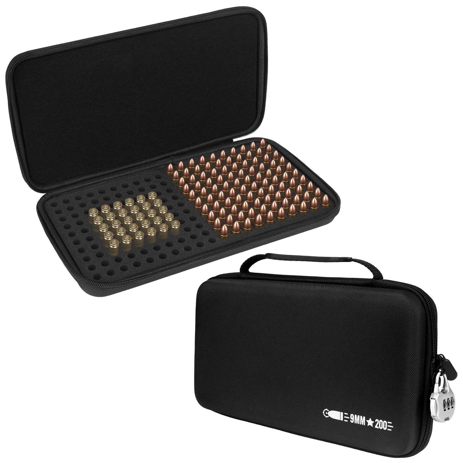 Photo 1 of Meeitkar 200 Round 9MM Ammo Case Compatible with 9mm Luger, 9mm Parabllum, 9mm Makaro, 45 ACP, 380 ACP, 32 ACP, 30 Luger, 40 S&W, Lockable Travel Safety 9MM Ammo Storage Box (Black)