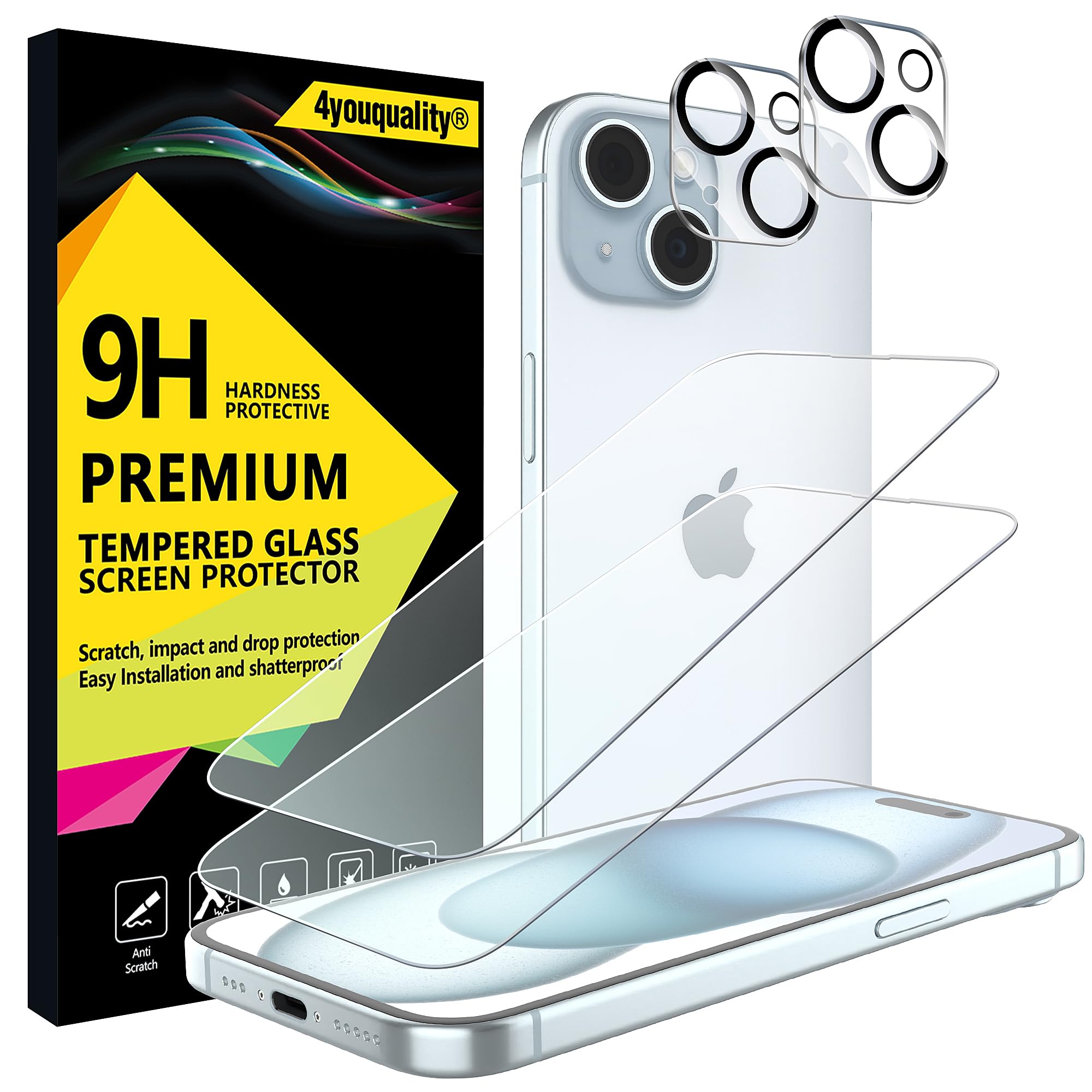 4youquality [4-in-1 Screen Protector for iPhone 15 with Camera Lens Protector, Tempered Glass Film, 2-Pack Each, [LifetimeSupport][Impact-Resistant][Anti-Scratch][Ultra-Transparent]