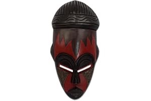 NOVICA Nigerian Red And Black Handcrafted African Rubberwood Mask With Brass Accents, Harvest Joy'