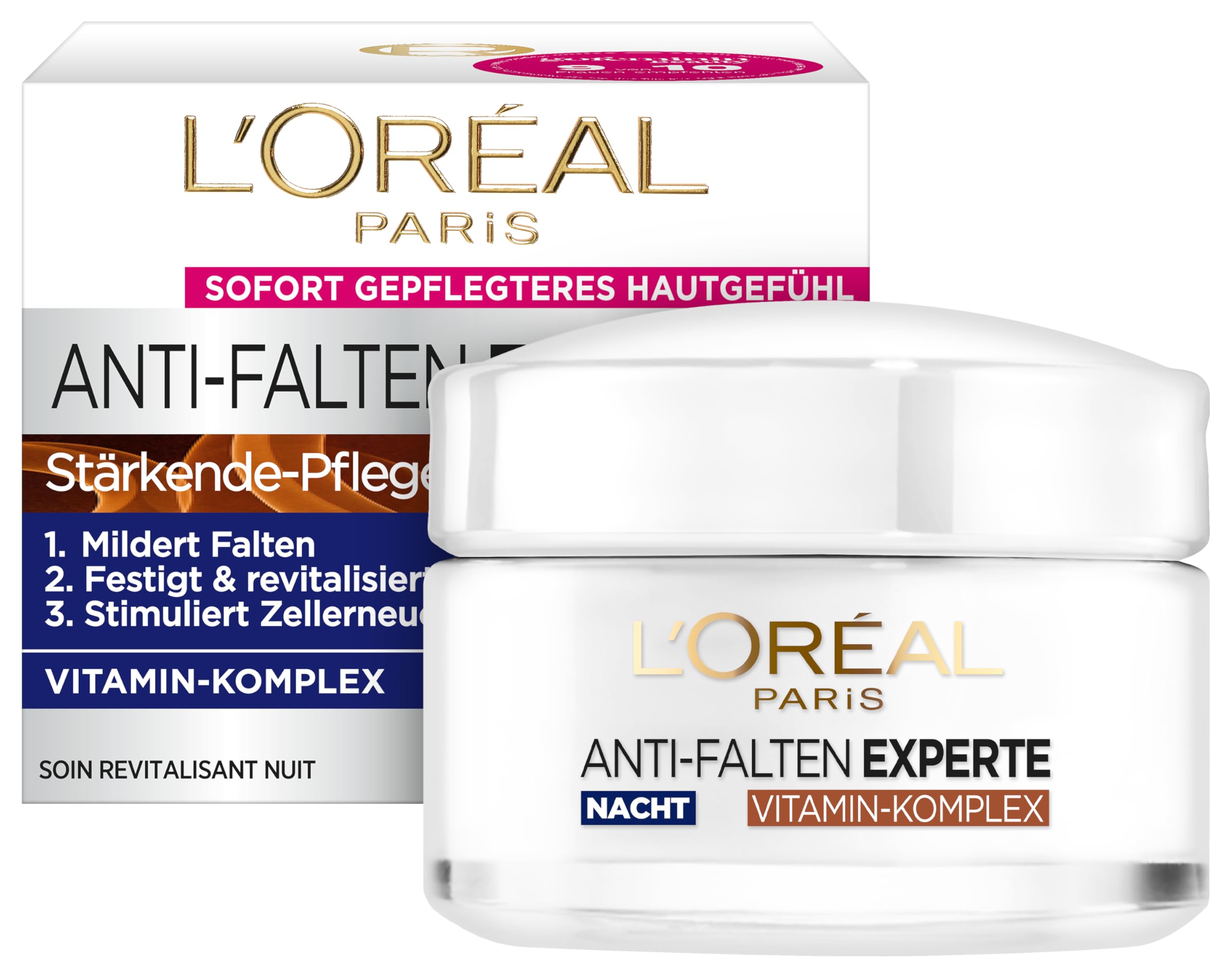 L'Oréal Paris Night Cream for the Face, Anti-Ageing Night Cream to Reduce Wrinkles, Vitamin B3 and Vitamin E, Strengthens and Revitalises the Skin, Anti-Wrinkle Expert, 1 x 50 ml