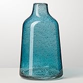 Torre & Tagus 10 Inch Tall Blue Glass Vase with Gold Flakes, Mouth Blown Glass Vase Blue Flower Vase Centerpieces, Watertight for Hydroponic Plants, Coastal Decor Accents (Marina)