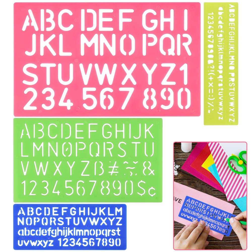 DECARETA Letter Stencil Alphabet Stencils,4 Pack Lettering Stencils Set with Number Stencil,4 Colors with 4 Size Engraving Stencils to Write Letters Create Patterns for Children,Adult
