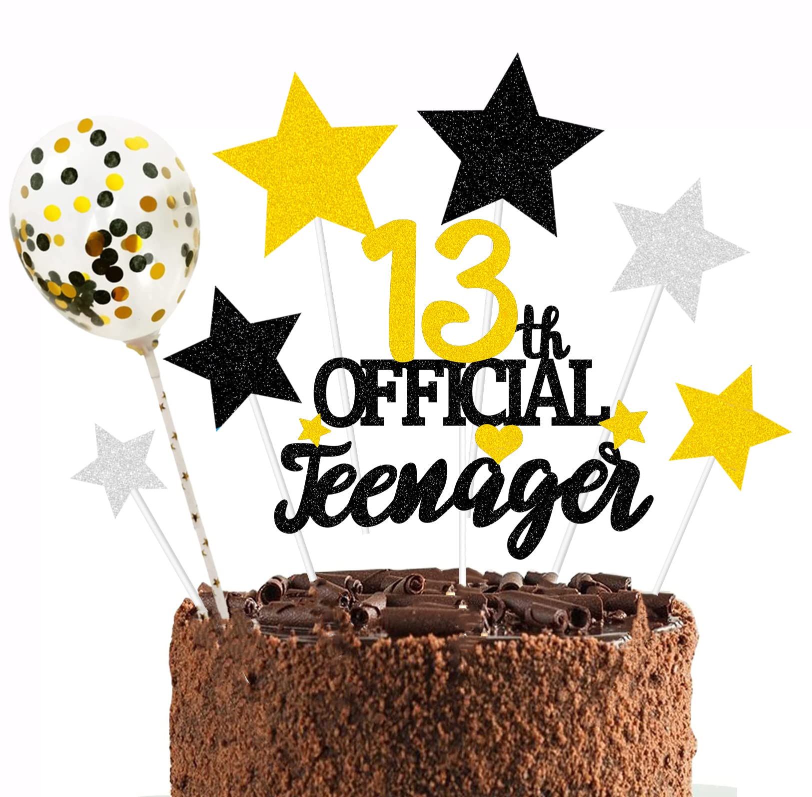 Elicola Glittery Black Gold 13 Official Teenager Cake Topper Boys and Girls 13th Birthday Party Supplies Thirteen Years Old Birthday Party Decor