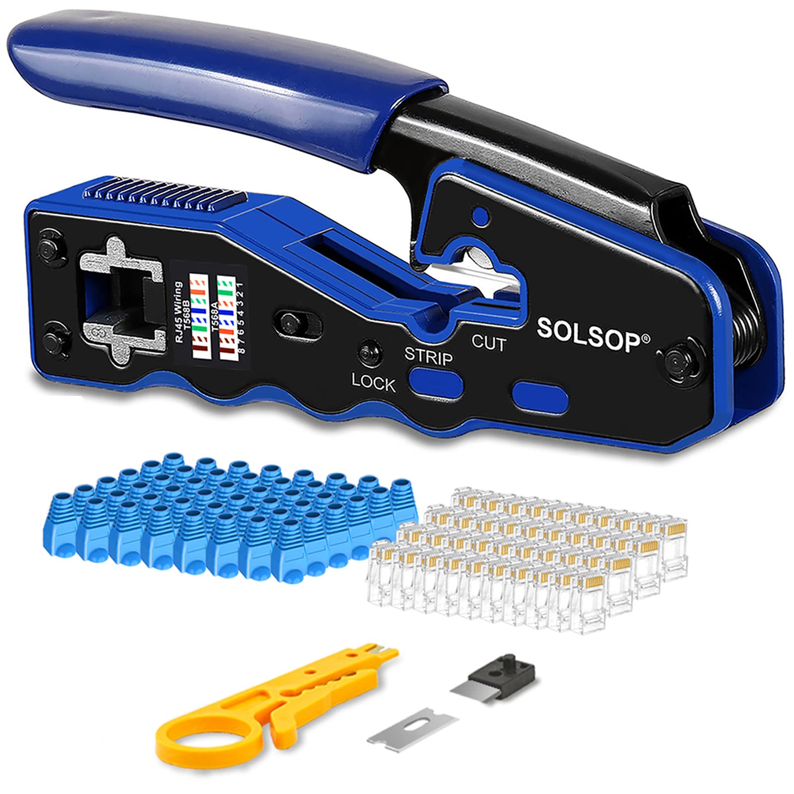 Solsop RJ45 Pass Through Crimp Tool Kit, Ethernet Crimper Tool for Cat5 / Cat5e / Cat6 LAN Cable, Network Crimping Tool with 50 Pass Through RJ45 Connectors, Covers and Wire Stripper