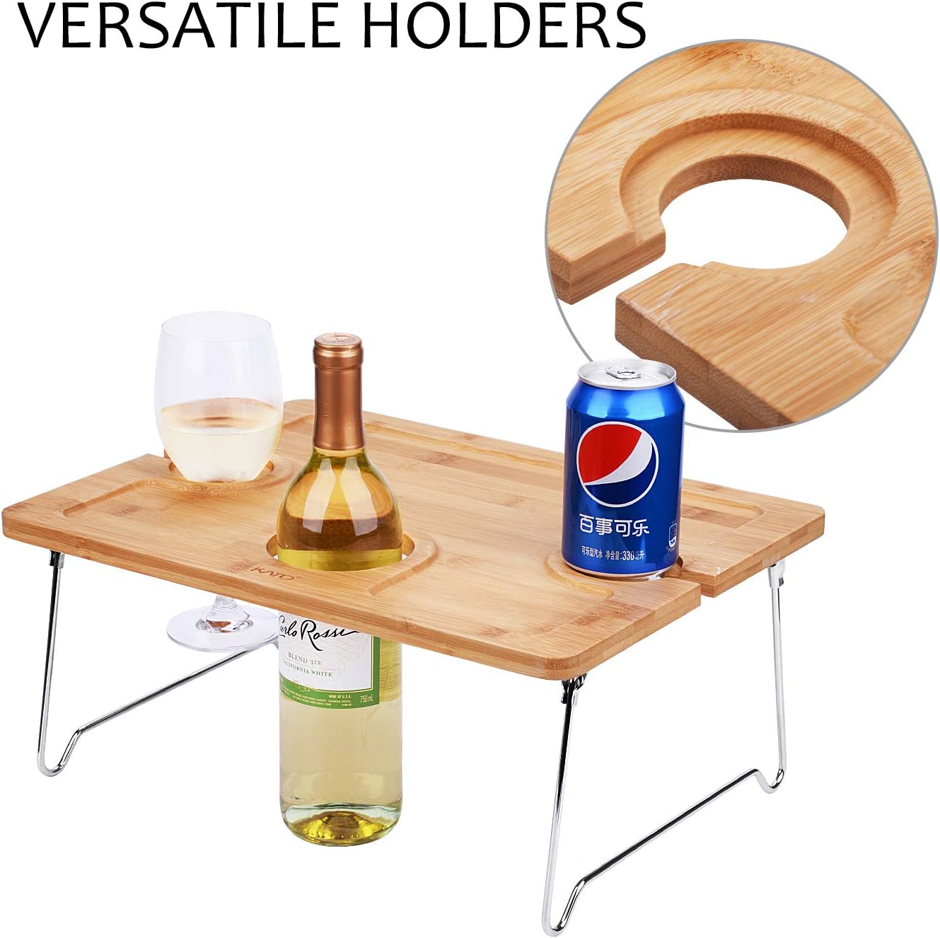 Tirrinia Outdoor Wine Picnic Table, Folding Portable Bamboo Wine Glasses & Bottle, Snack and Cheese Holder Tray for Concerts at Park, Beach, Ideal Wine Lover Gift : Garden & Outdoor
