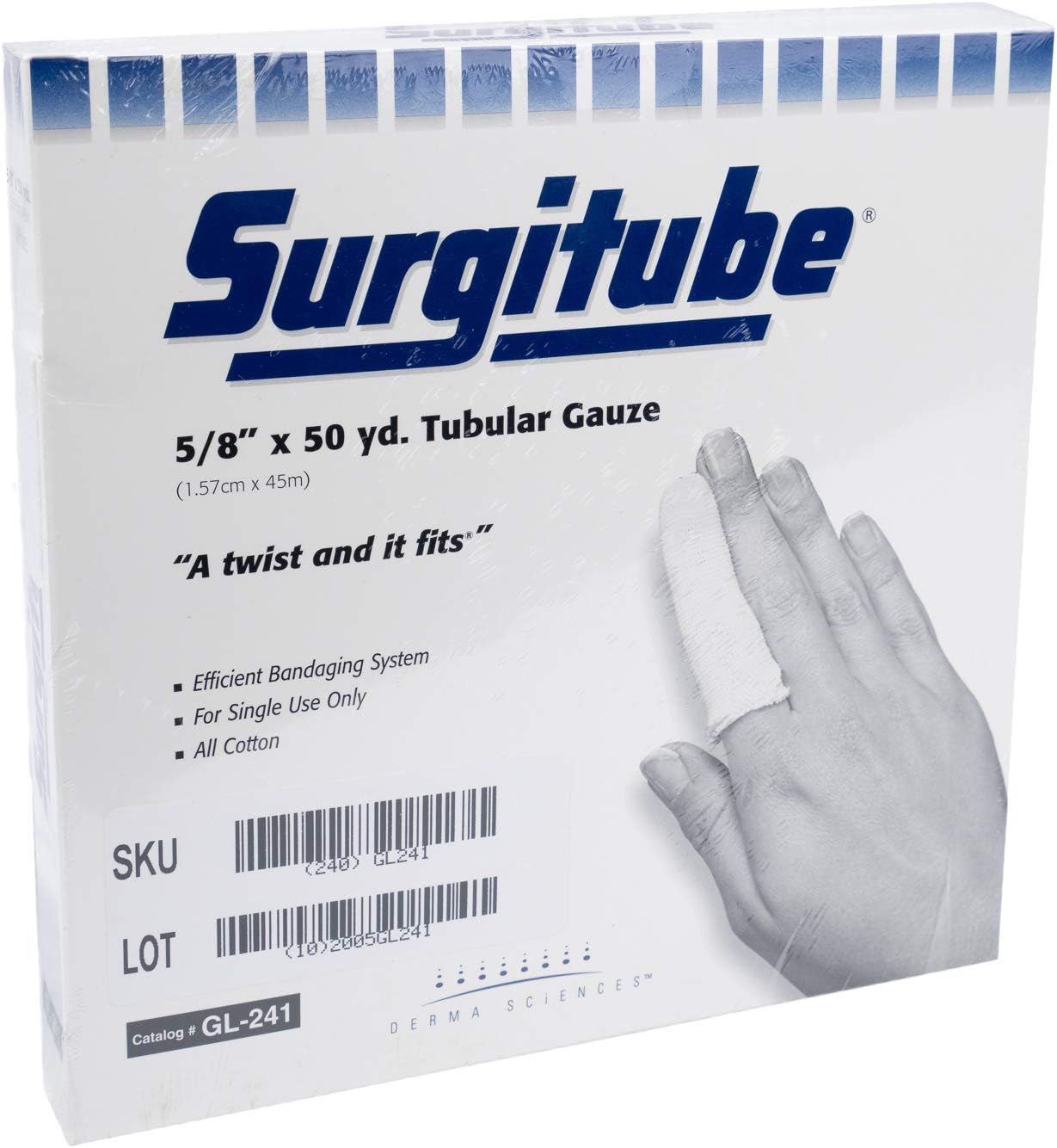 Surgitube Tubular Gauze, Use to Secure Primary Dressings, Size 1P for Small Fingers and Toes, for Use Without Applicator, White Cotton, 5/8" x 50 yd