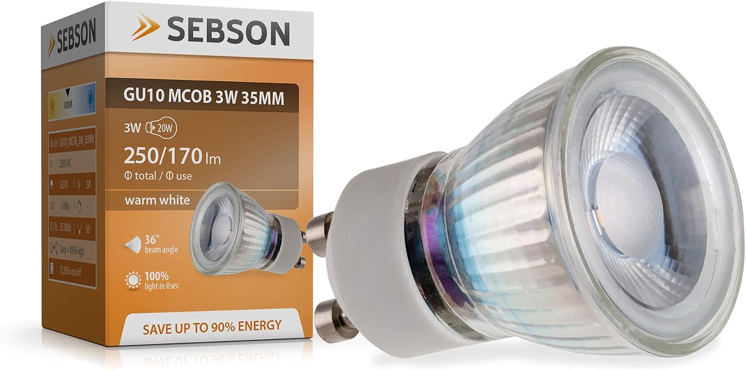 SEBSON® GU10 3W LED, Warm White, 25W Replacement for Halogen ø35mm, COB LED, Spotlight 46°, 1 Stück (1er Pack)