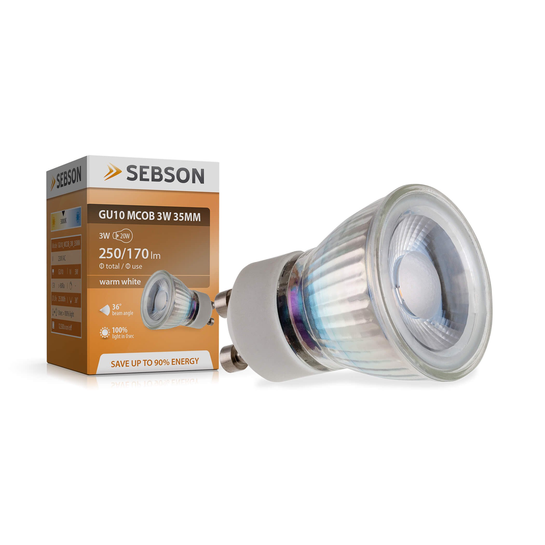 SEBSON® GU10 3W LED, Warm White, 25W Replacement for Halogen, ø35mm, COB LED, Spotlight 46°