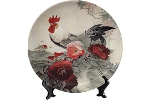 LIGUTARS Vintage Chicken Decor Ceramic Decorative Plate, 10 Inch, Peony Rooster Decorative Decorative Dish with Stand Ceramic Ornament for Table Accessory Decor for Bedroom Living Room Bathroom Decor