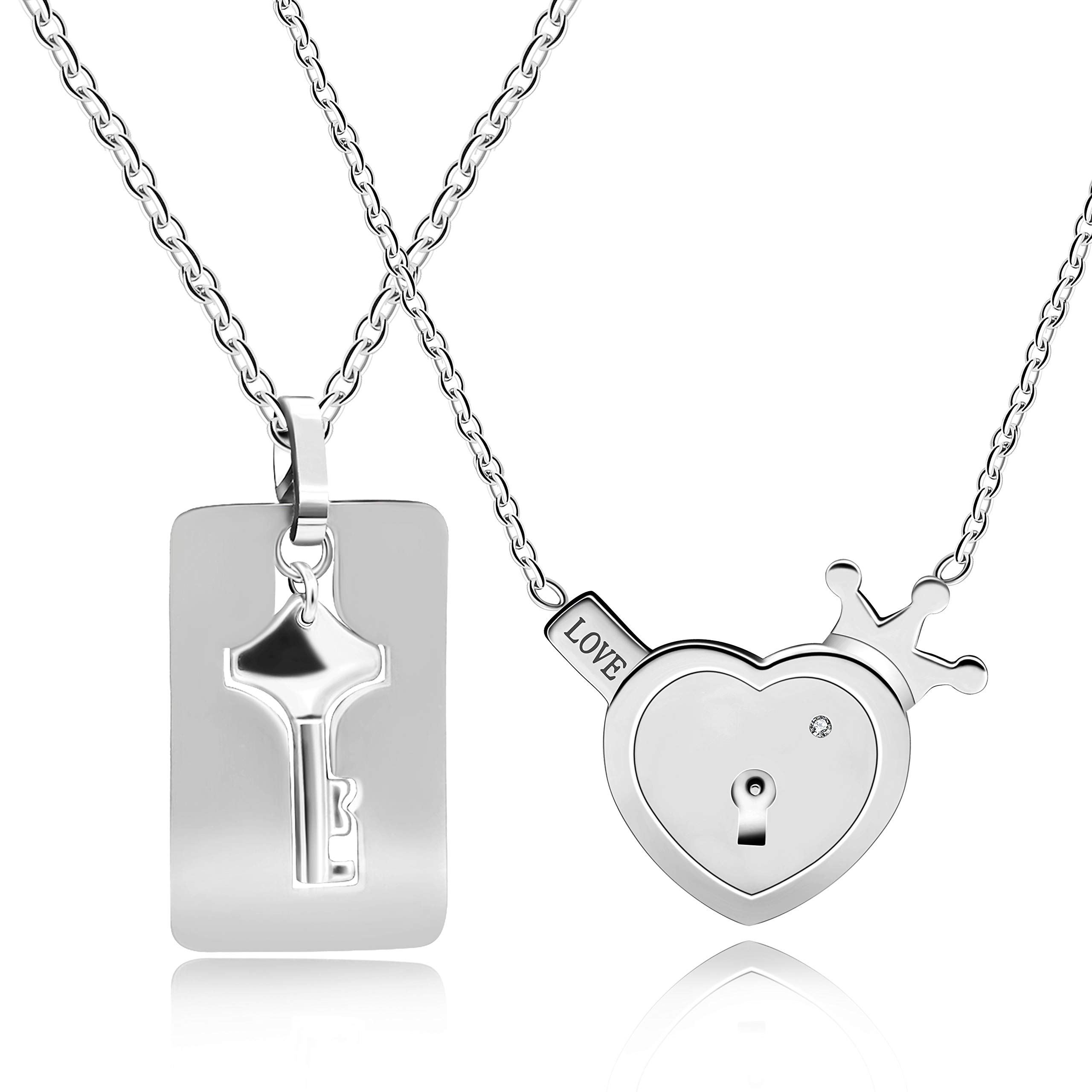 Uloveido Couples Stainless Steel Matching Heart Lock Pendant Necklace and Key Necklaces Set for Boyfriend and Girlfriend Y844 (Steel)