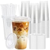 Huifany 100 Pack 20 oz Plastic Cups, Clear Disposable Iced Coffee Cups | with Lids and Straws, BPA-Free Leak-Proof, Smoothies Milkshakes Juice, Sturdy Crystal Clear, Home Office Party