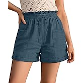 Velvelhall Women's Linen Shorts, Casual Ruffle High Waisted Drawstring Wide Rolled Leg Summer Lounge Shorts with Pockets