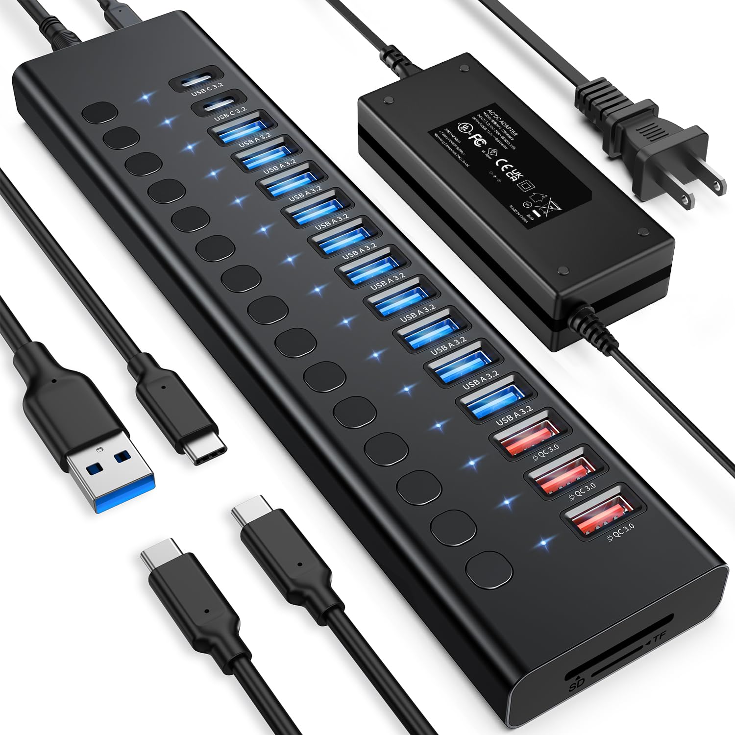 Photo 1 of Powered USB Hub 10Gbps, 17 Ports 96W USB 3.2 Hub(10 USB-A 3.2 Ports+3 QC 24W Fast Charging Ports+2 USB-C 3.2 Ports+SD/TF Card Reader), 12V/8A Power Adapter for Laptop, PC, Computer, HDD,Flash Drive